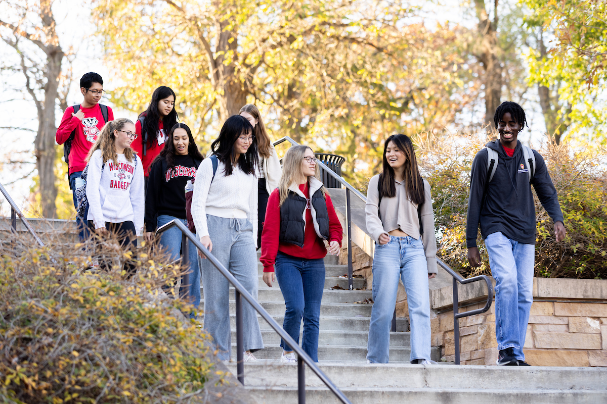 students walking down a flight os stairs
